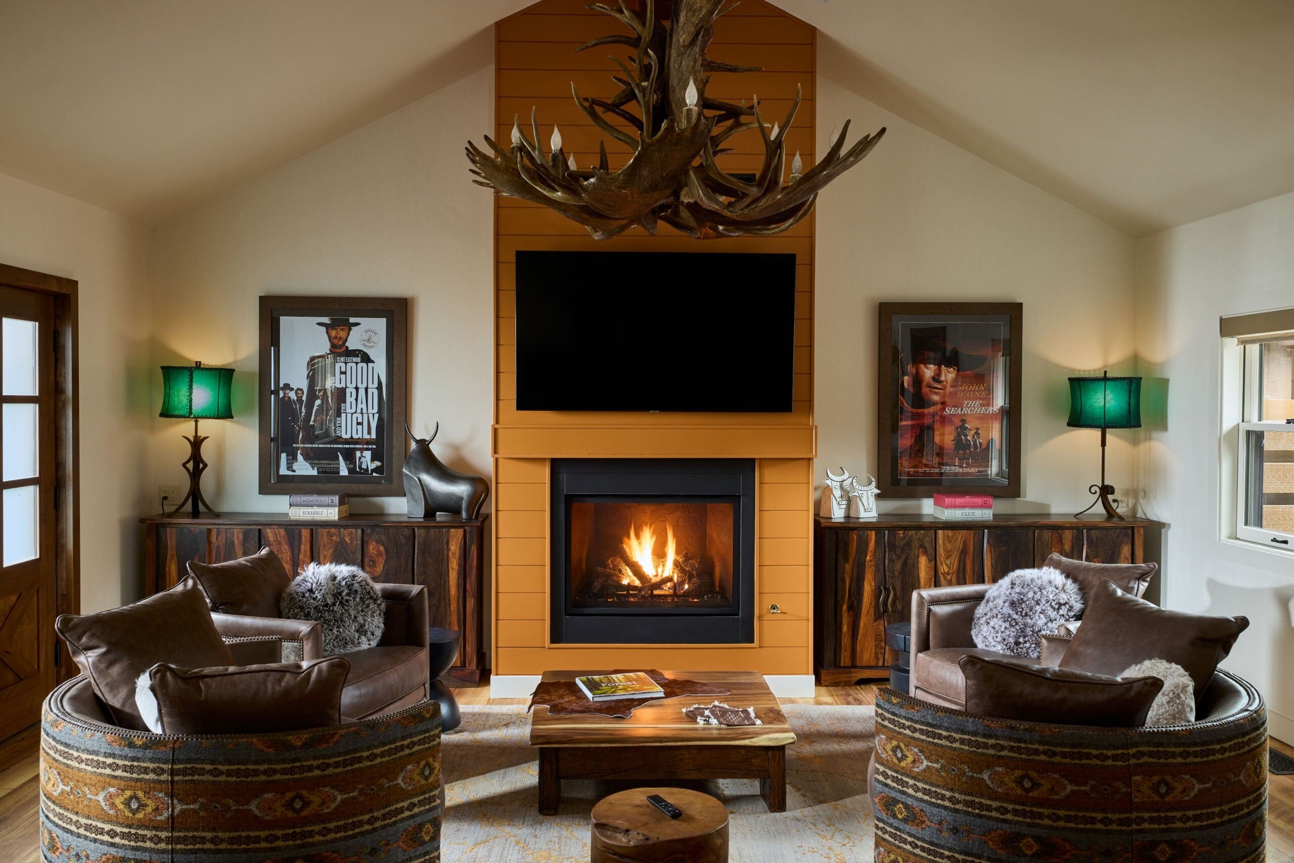 interior of a modern western living room with fireplace