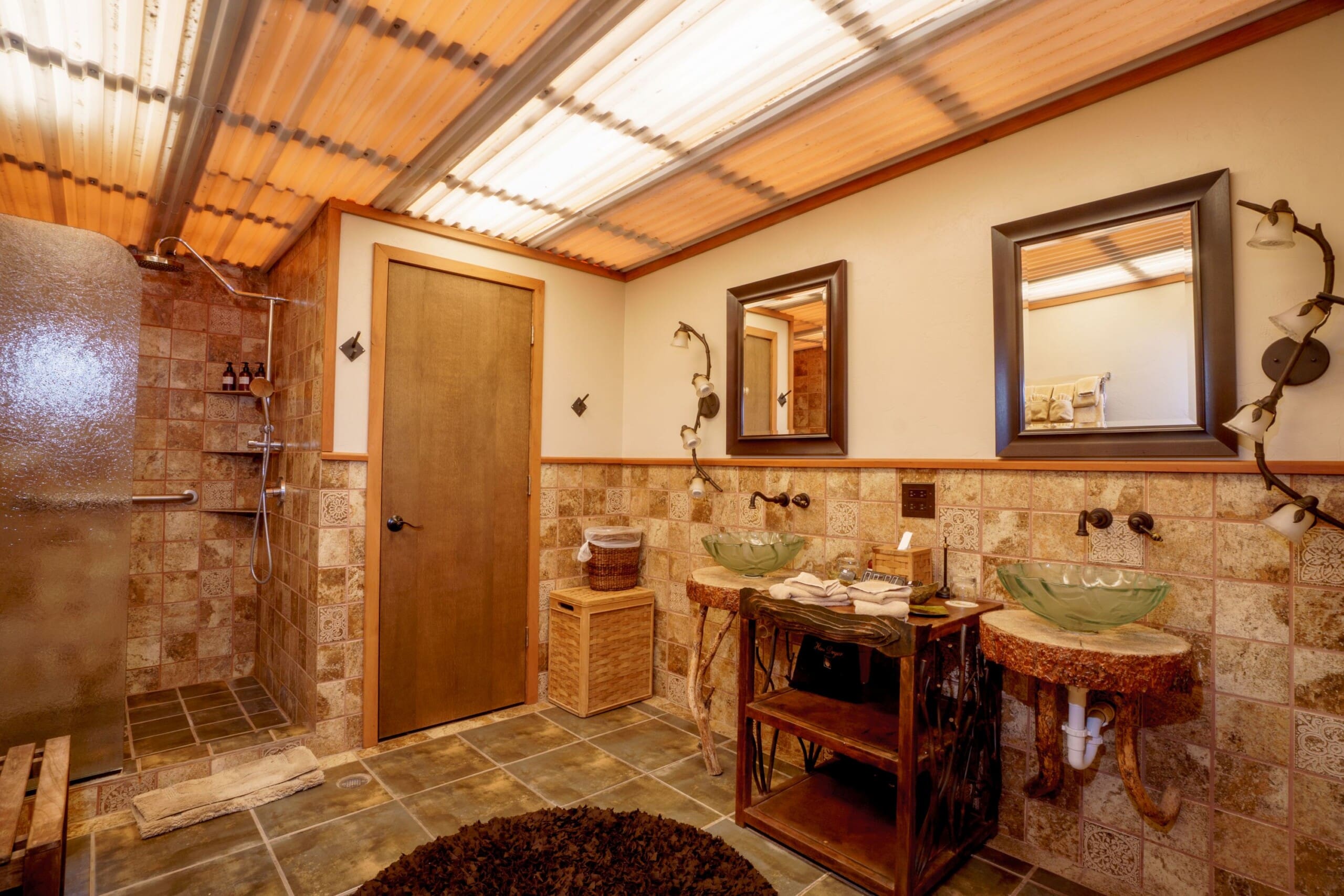 Interior of luxury bathroom inside canvas glamping tent