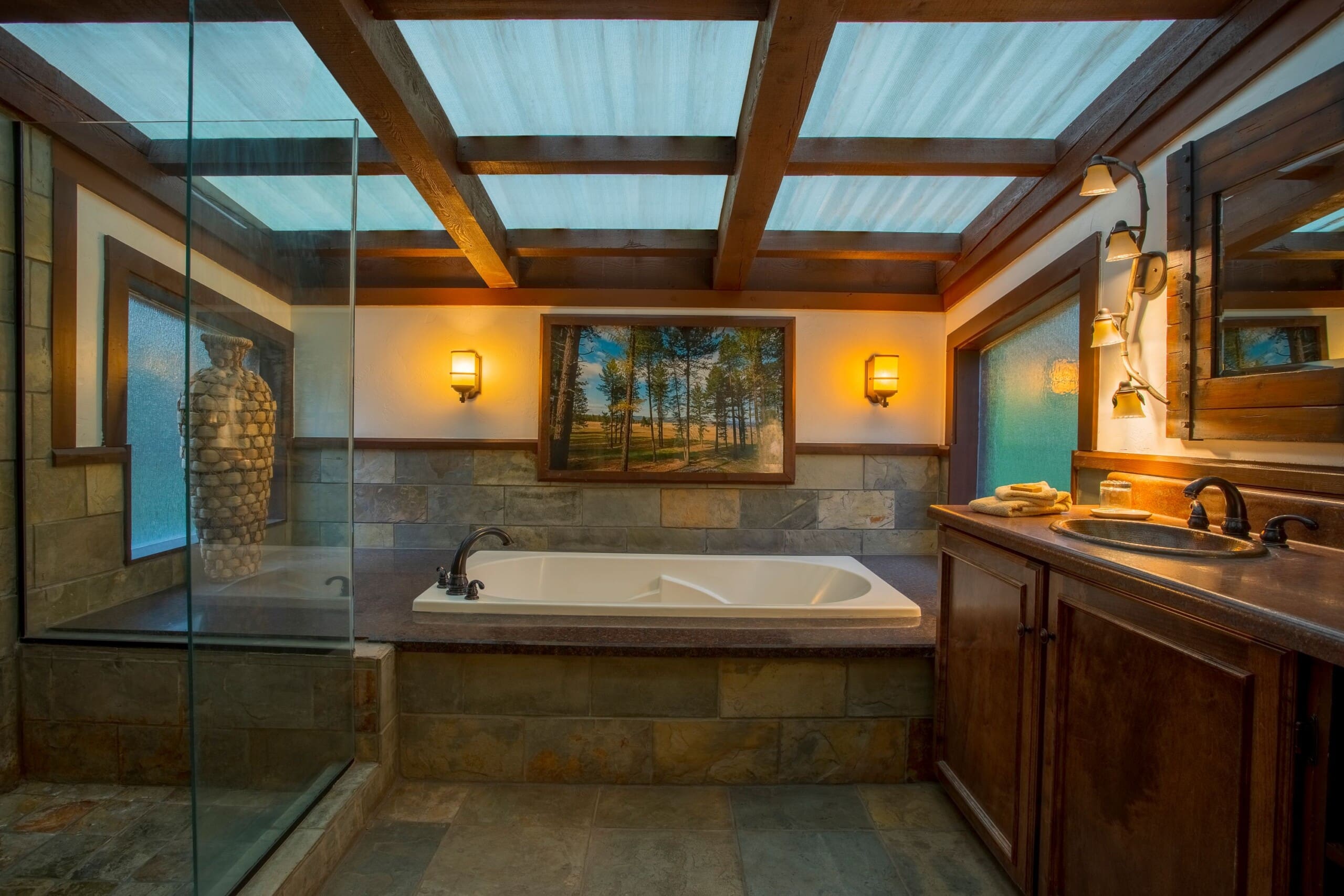 Interior of luxury bathroom in glamping tent with bathtub