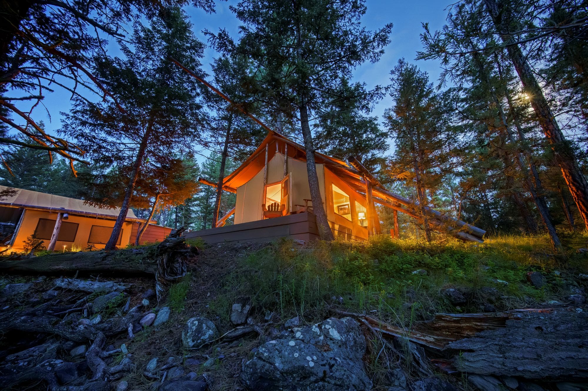 Exterior of a canvas glamping tent