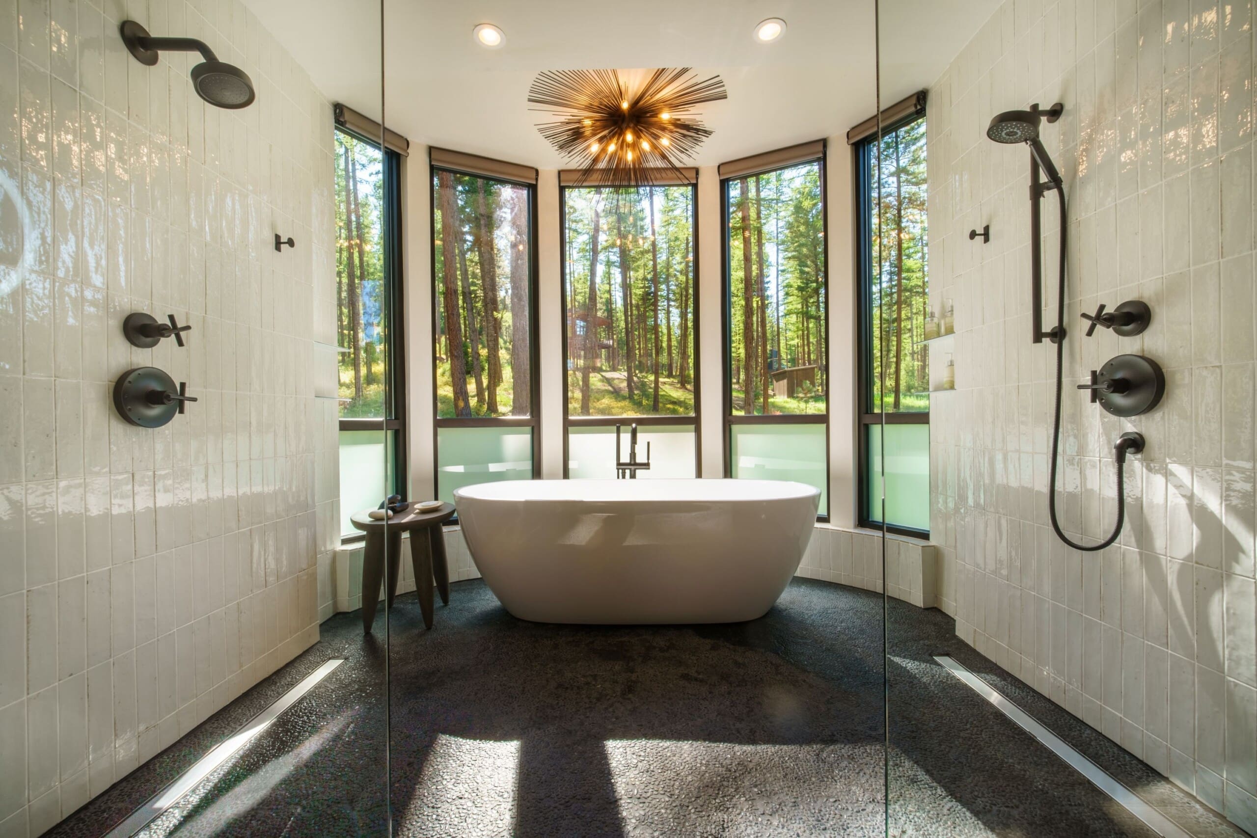 Interior of modern, white cabin bathroom with bathtub