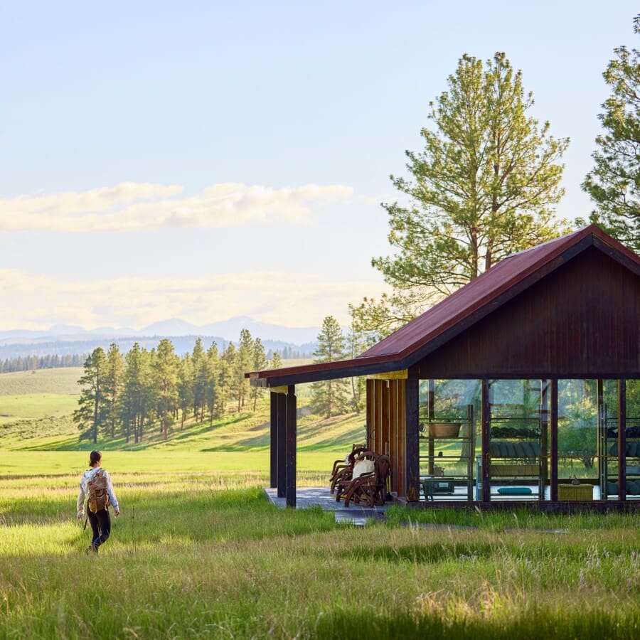 Yoga building with windows in a field