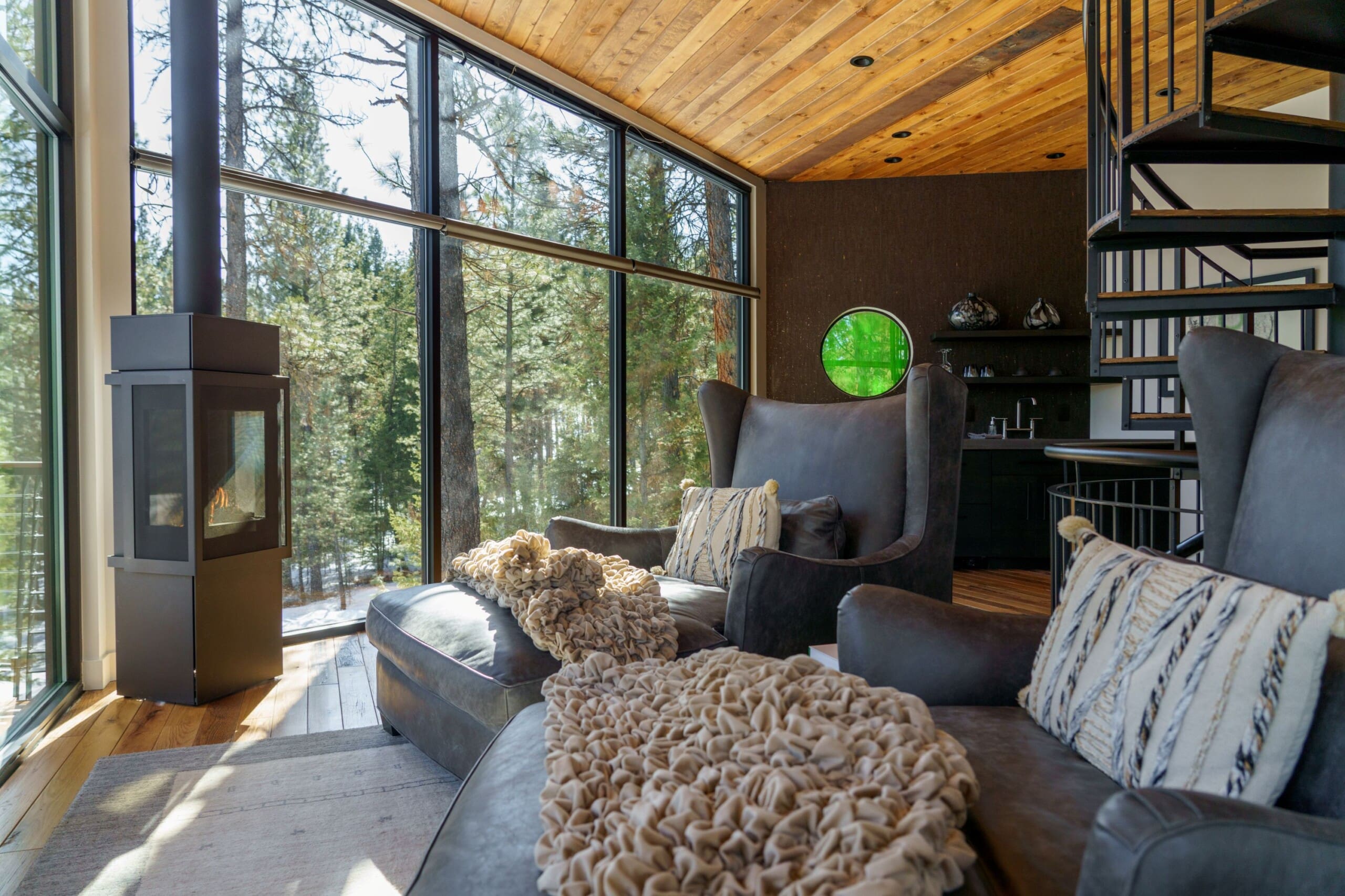 Modern interior of a cabin treehouse living room
