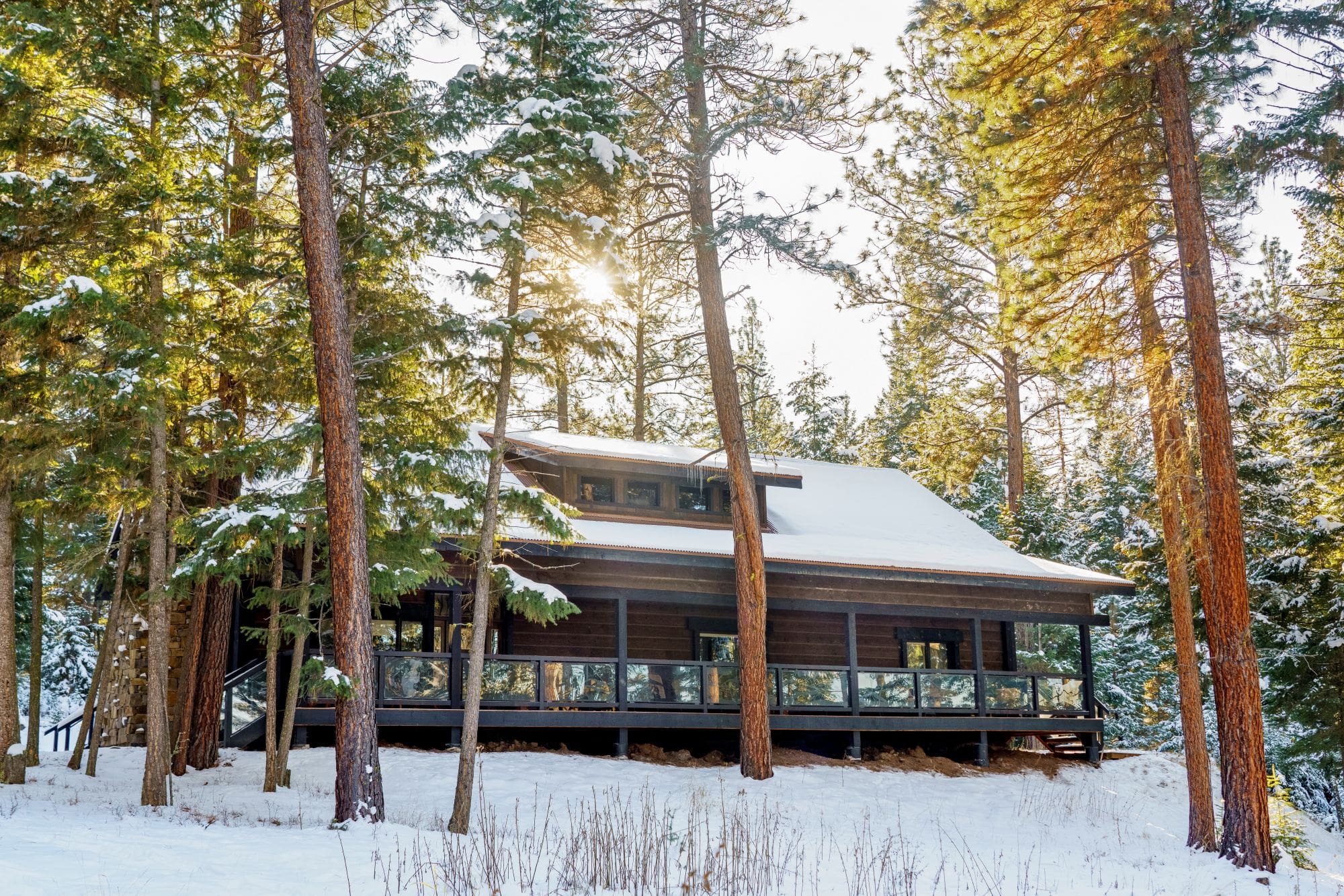 Winter exterior of wooden cabin