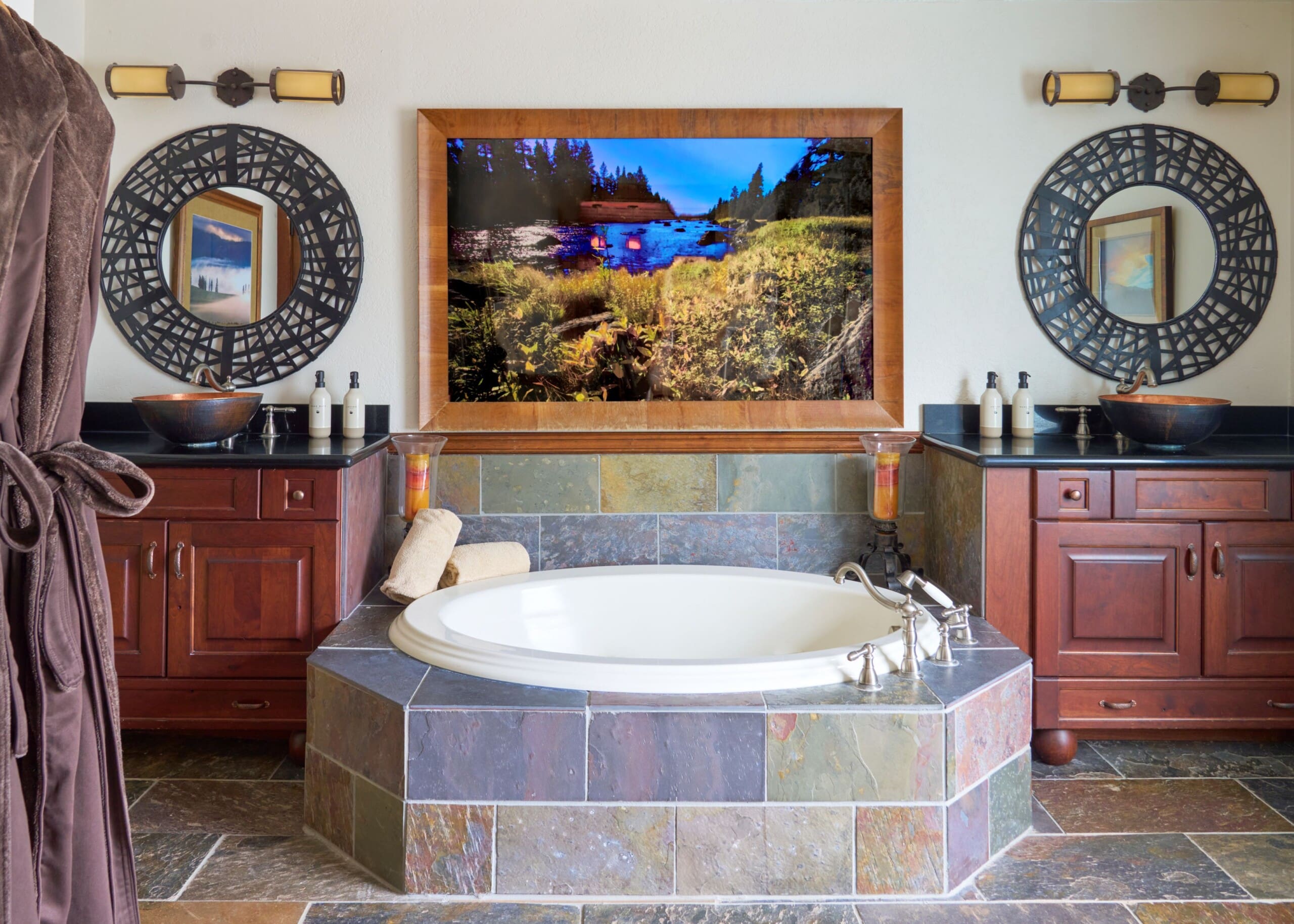 western bathroom with stone bathtub