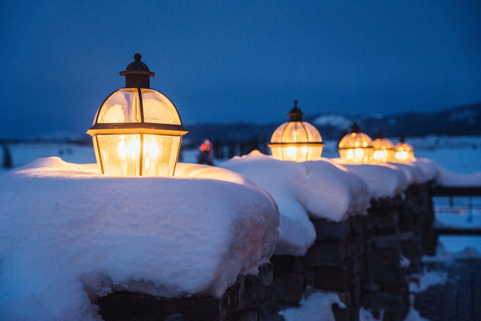 Snow covered lamps outside.