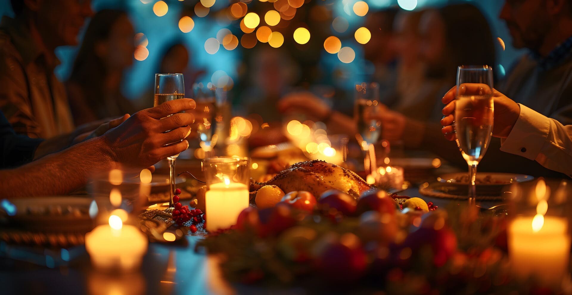 Shot of people holding glasses of wine at a dinner table with food.