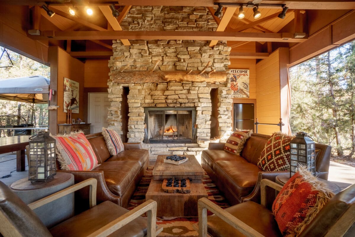 Western style chairs and interior decoration in a Paws Up cabin.