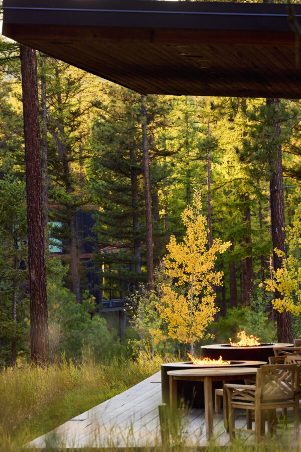 Two outdoor fireplaces surrounded by fall foliage trees.