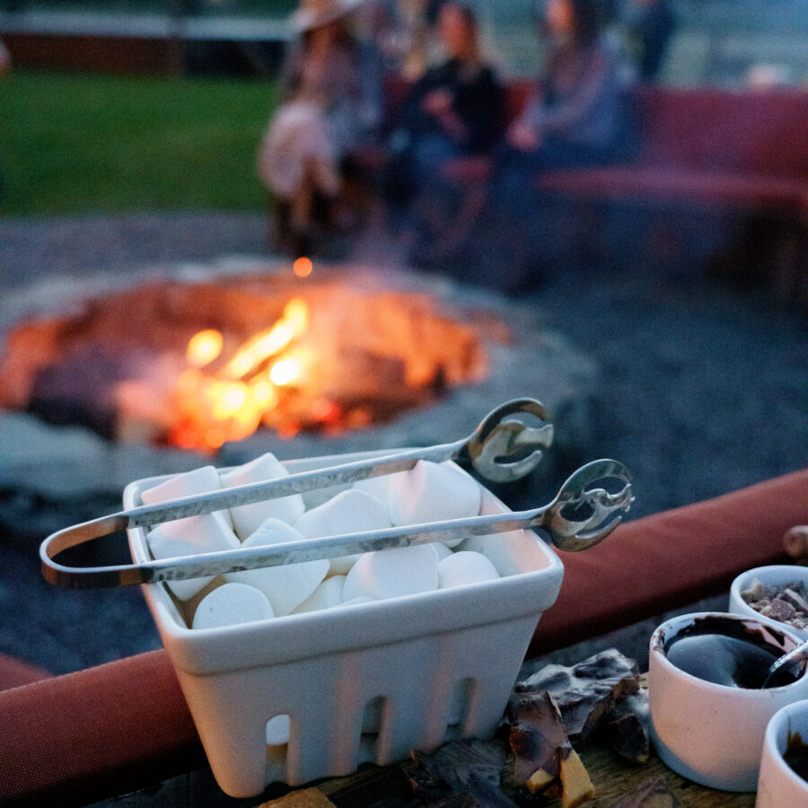 Smores tray featuring a bowl of marshmallows and sauce.