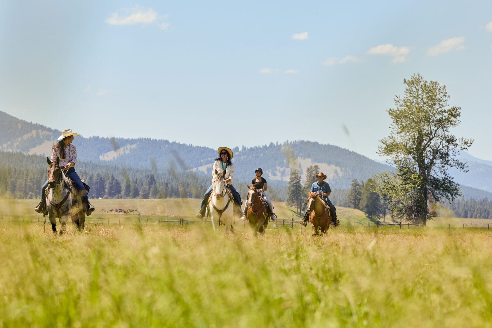 Group of individuals riding horses on a sunny day through a plain with mountains in the background.