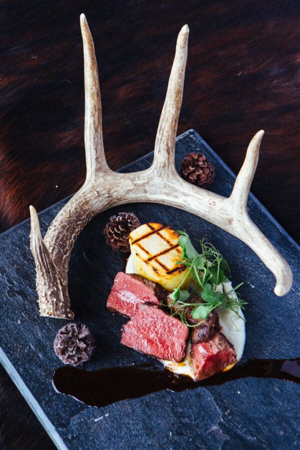 Fancy platter of steak dish with decorate antler and pinecones.