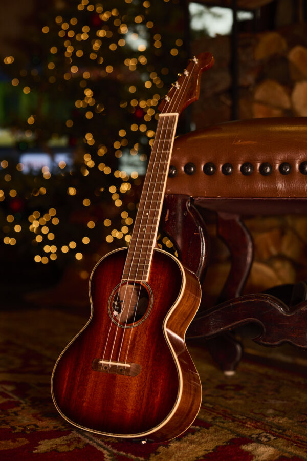 Fender care resting against a leather chair with a Christmas tree in the background.