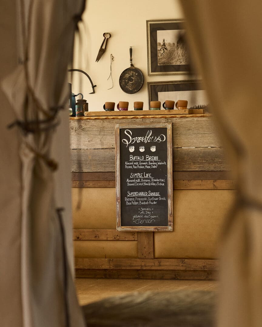 Sign inside of a western themed dining area with a coffee bar.