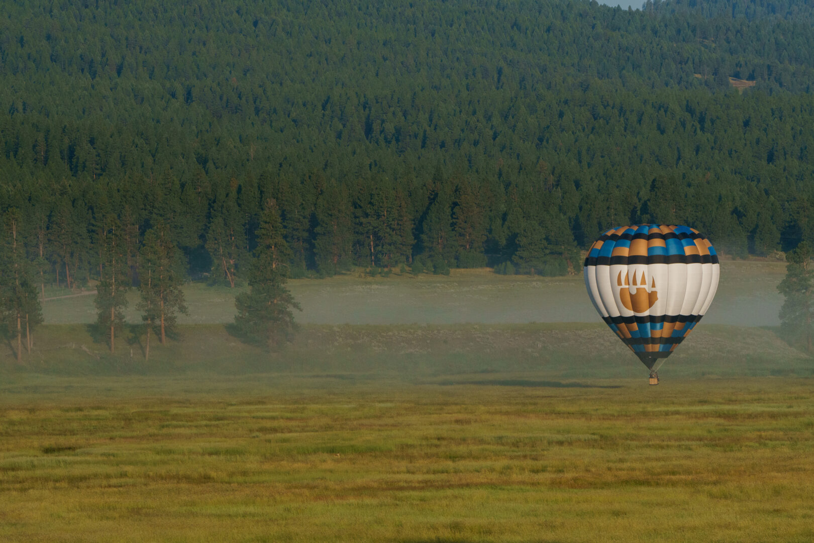 Hot air balloon in the sky with fields behind it.