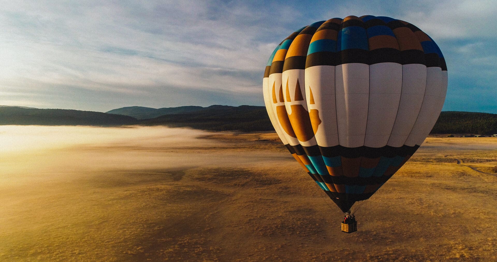 Hot air balloon flying high above a field with trees in the background.