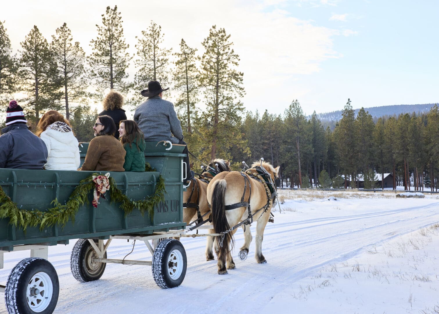 Snowy horse drawn carriage ride with people in the carriage.