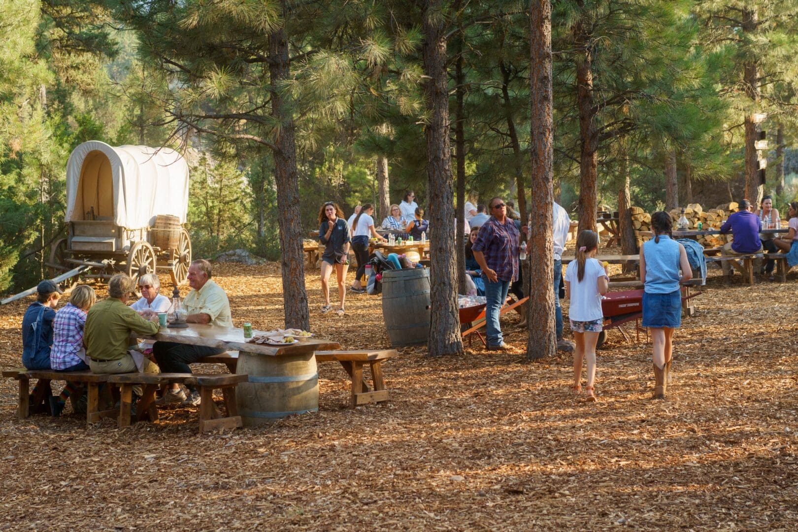 Large groups of people outside at wooden benches eating food.