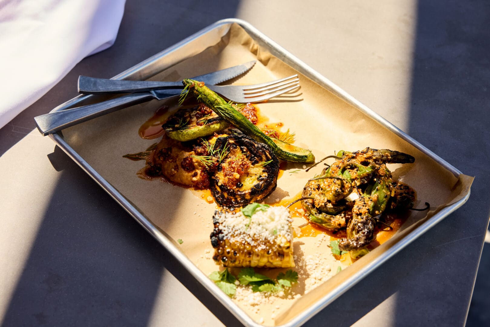 Different types of food on pans.