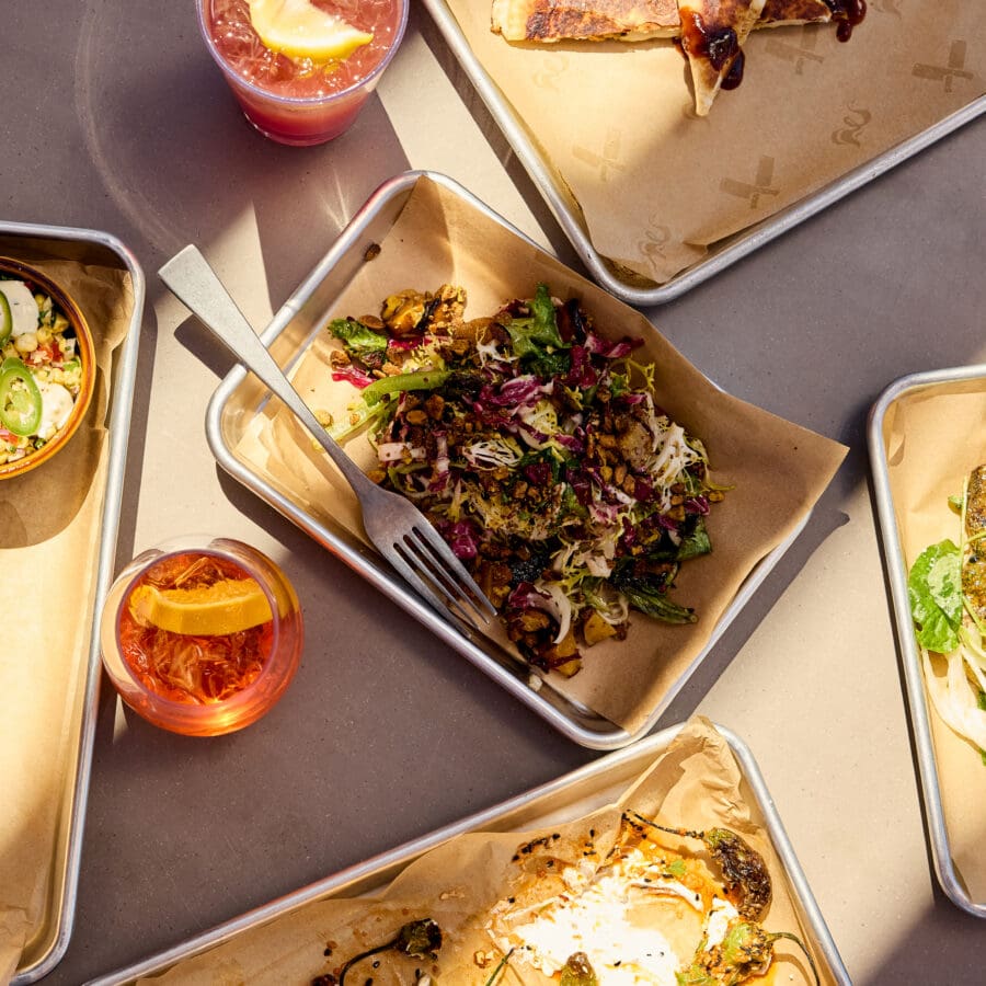 Different types of food on pans.