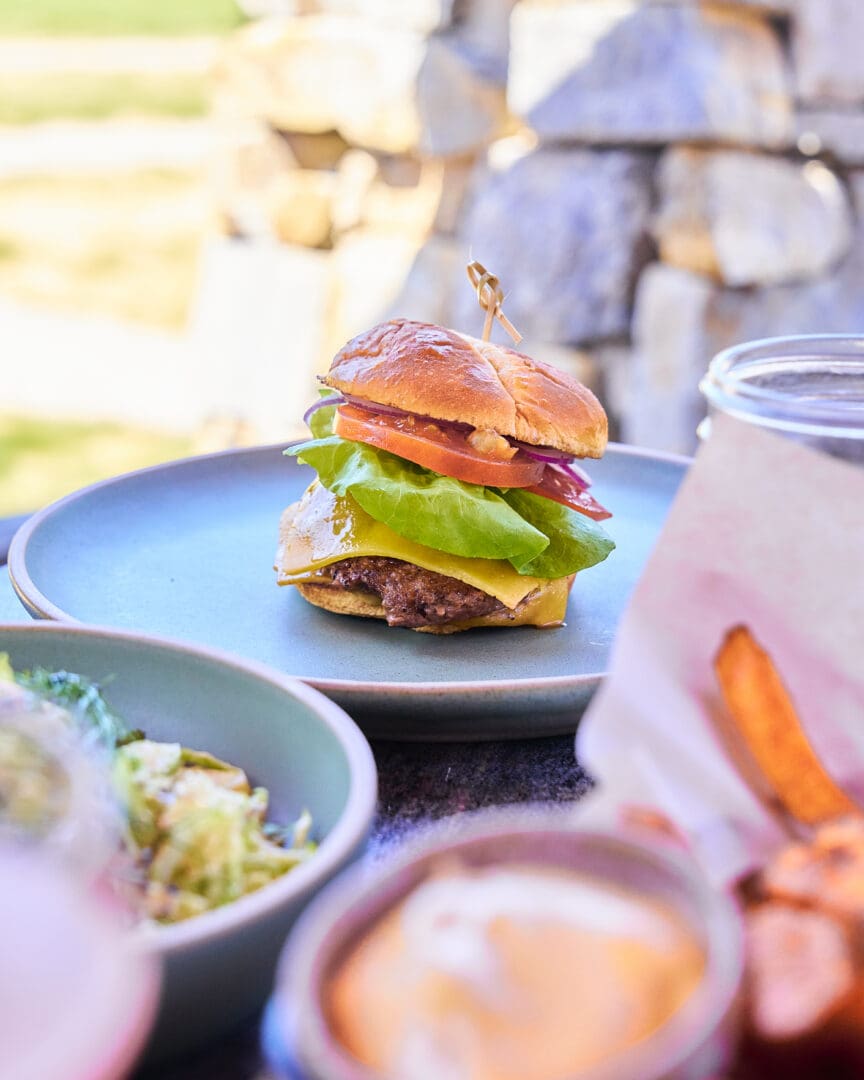 Hamburger and other American style dishes on plates outside on a picnic table.