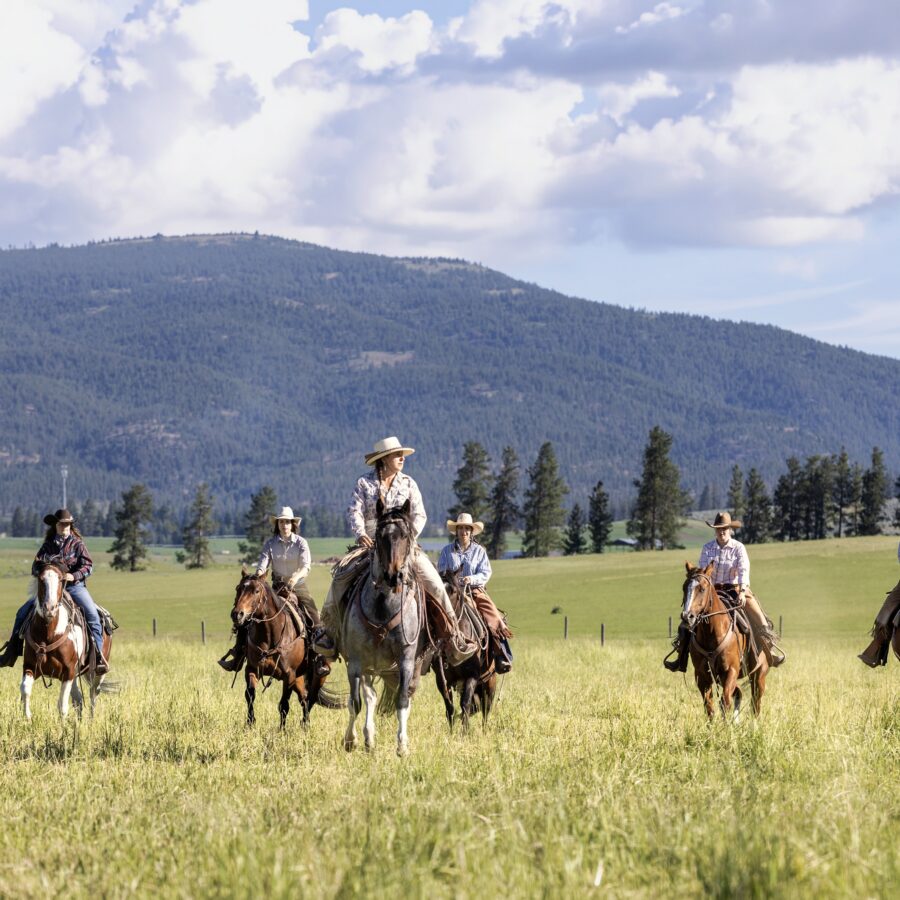 Six riders on horses passing through an open field with mountains behind them.