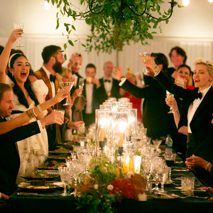 Group of people cheering at a wedding.